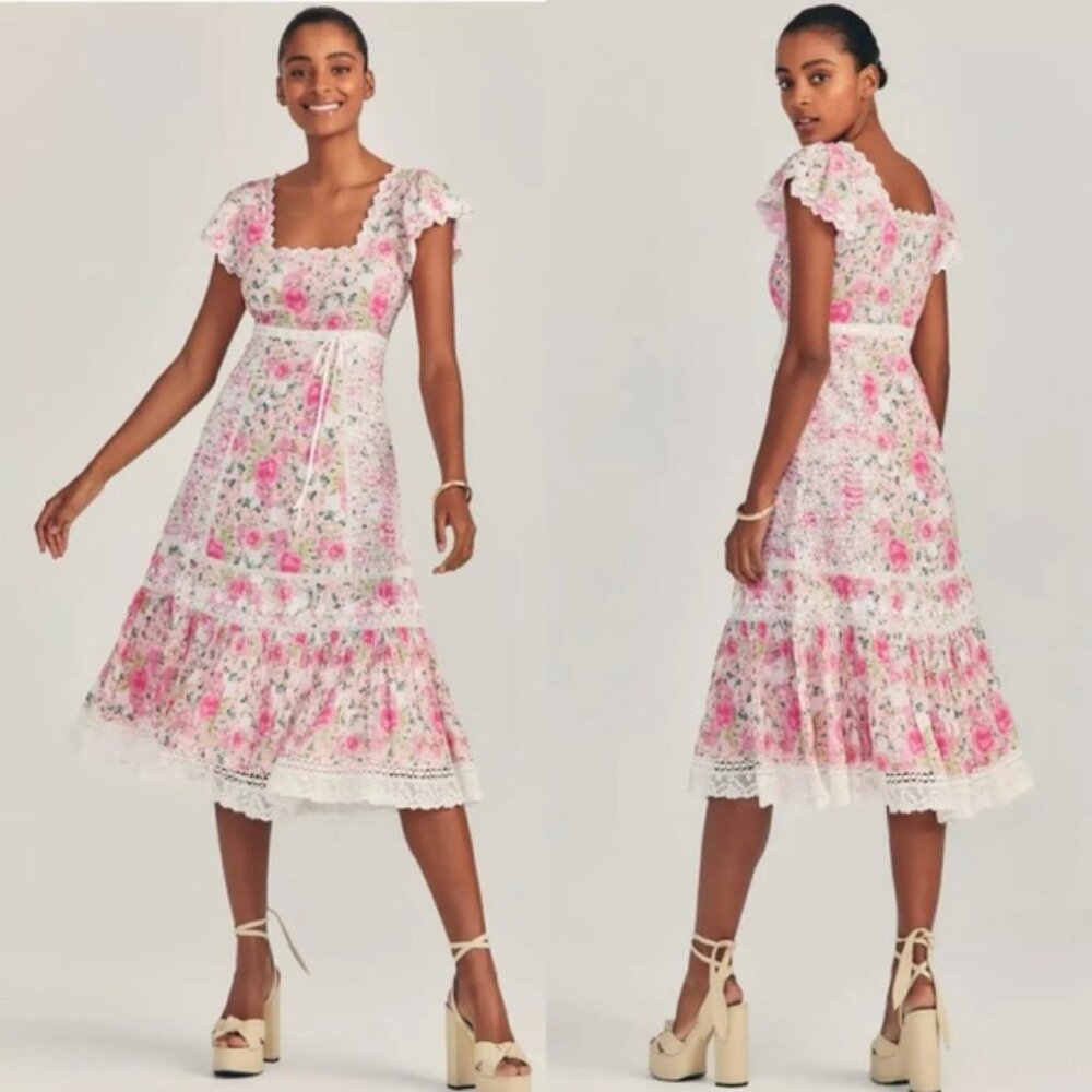 Loveshackfancy Charles Embroidered Midi Dress Pink Floral Cottage core Sz 6